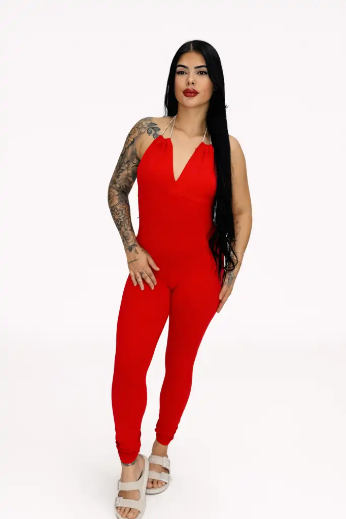 Macacao Faixa Rosa Macacão Vermelho Poliamida com Strass Decote Costas Nuas