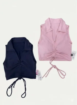 Cropped Com Gola Polo Com Zíper Preto e Verde Água Ajustável Feminino