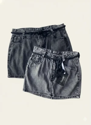Radelle Saia Jeans com Cordão Trançado Lavagem Grafite Ajuste Personalizado