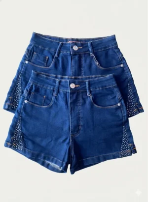 Shorts Jeans Azul Índigo Com Apliques Metálicos Laterais Tamanhos 36 a 44