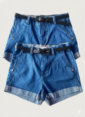 Shorts Jeans com Cinto Preto Couro Sintético Lavado Azul Tamanhos 36 a 46