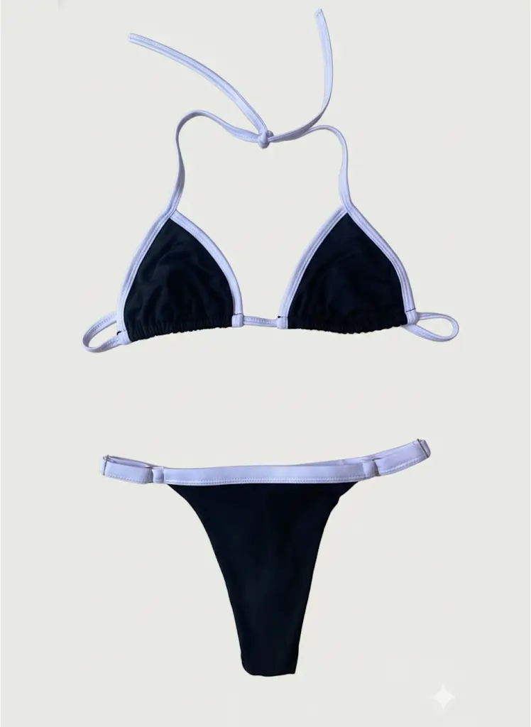 Bikini Colors Biquíni de Fita Forrado Preto com Branco com Amarração Fina