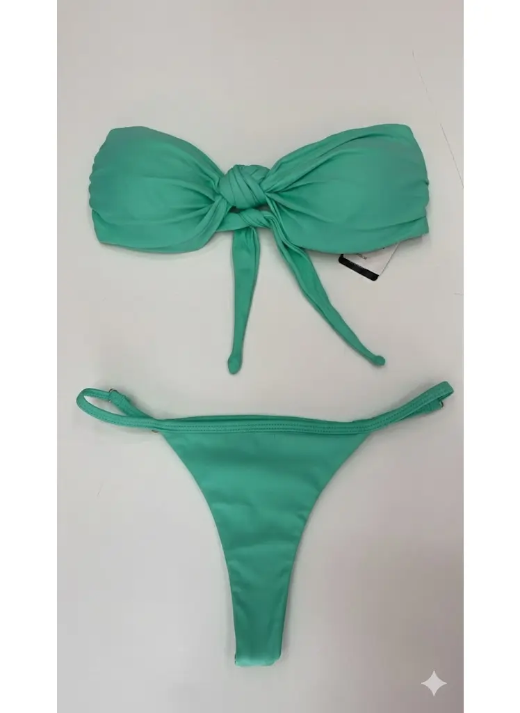 Bikini Tomara Que Caia Verde Água com Nó Central e Amarração nas Costas