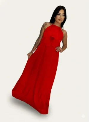 Vestido Flor Longo Vermelho Com Flor em Relevo e Costas Nuas