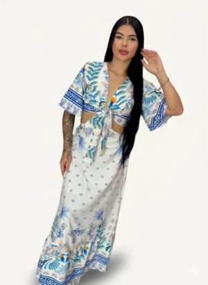 Vestido Farm Com Manga Floral Azul e Verde Leve Longo Para Eventos Casuais