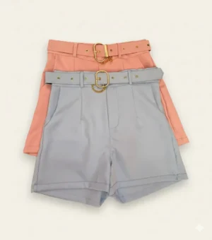 Shorts de Alfaiataria com Cinto Dourado Rosa e Azul Bebê Modelagem Estruturada